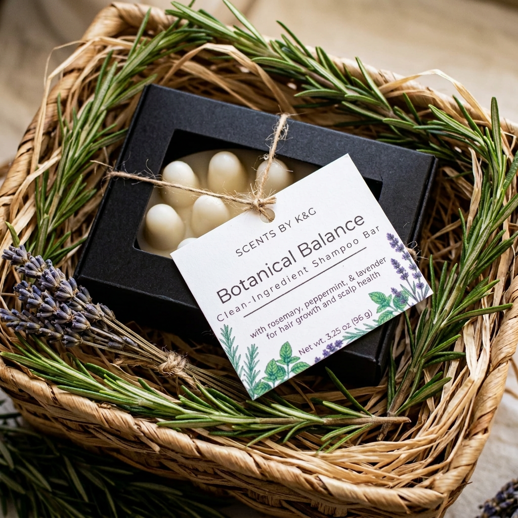 A boxed shampoo bar arranged in a woven basket with green herbs and lavender sprigs. The product package is a black square box with a clear window showing cream-colored shampoo bars, tied with twine and labeled 'Botanical Balance' by Scents by K&G.