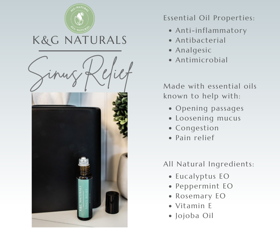 K&G Naturals Sinus Relief essential oil product with properties and ingredients listed.