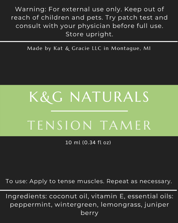 K&G Naturals Tension Tamer product label with green and black design.