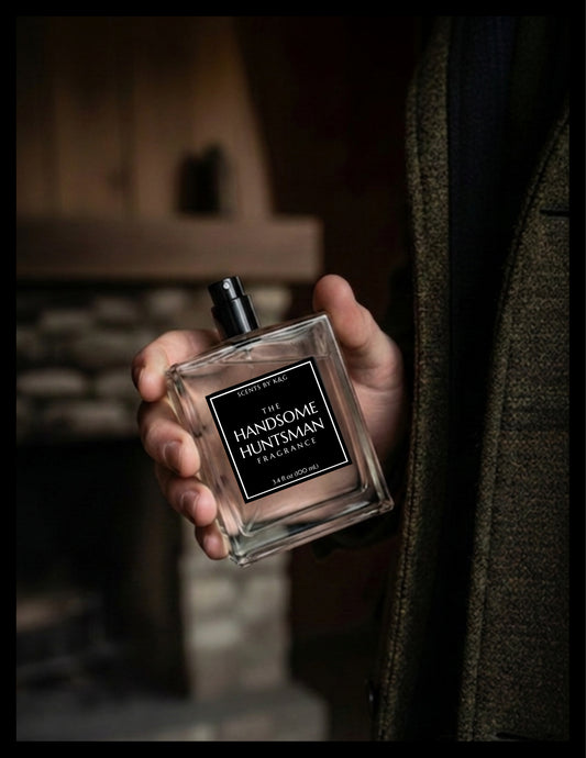 A hand holding a clear glass bottle of 'The Handsome Huntsman' fragrance by Scents by K&G, set against a dark, moody background with a person in a tweed jacket partially visible.