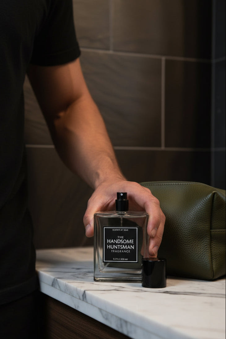 A bottle of 'The Handsome Huntsman' fragrance by Scents by K&G, displayed next to an olive green pebbled leather zippered pouch on a white marble surface against a dark gray tiled background.