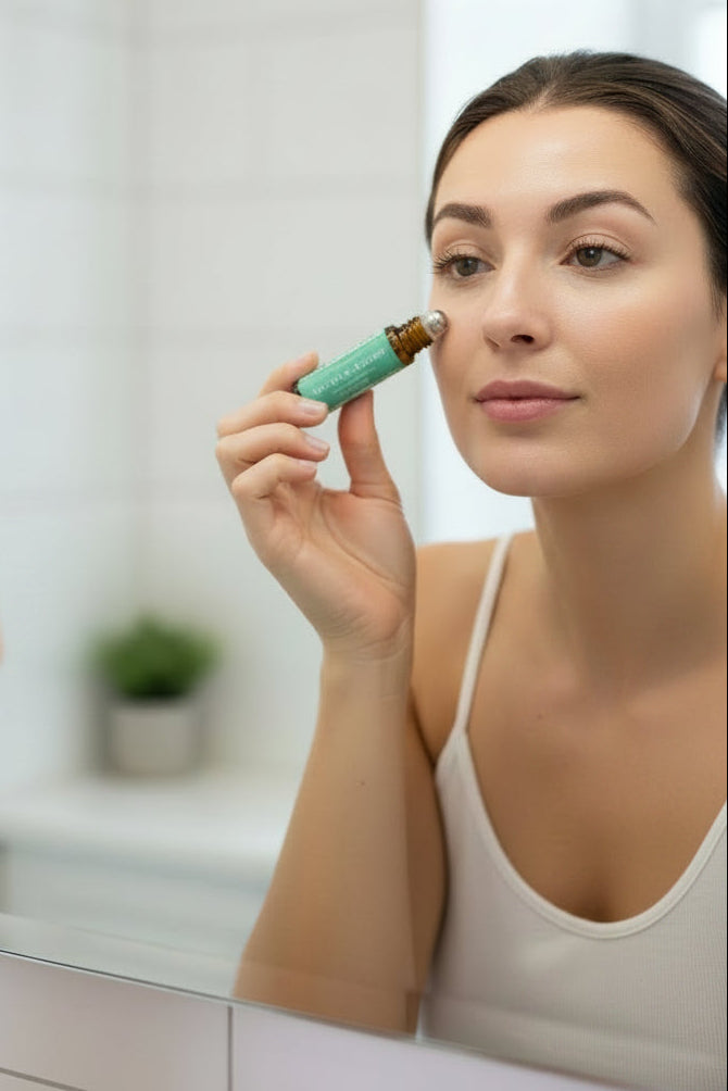 A woman looking in a mirror using a 'Tighten and Brighten' rollerball under her eye