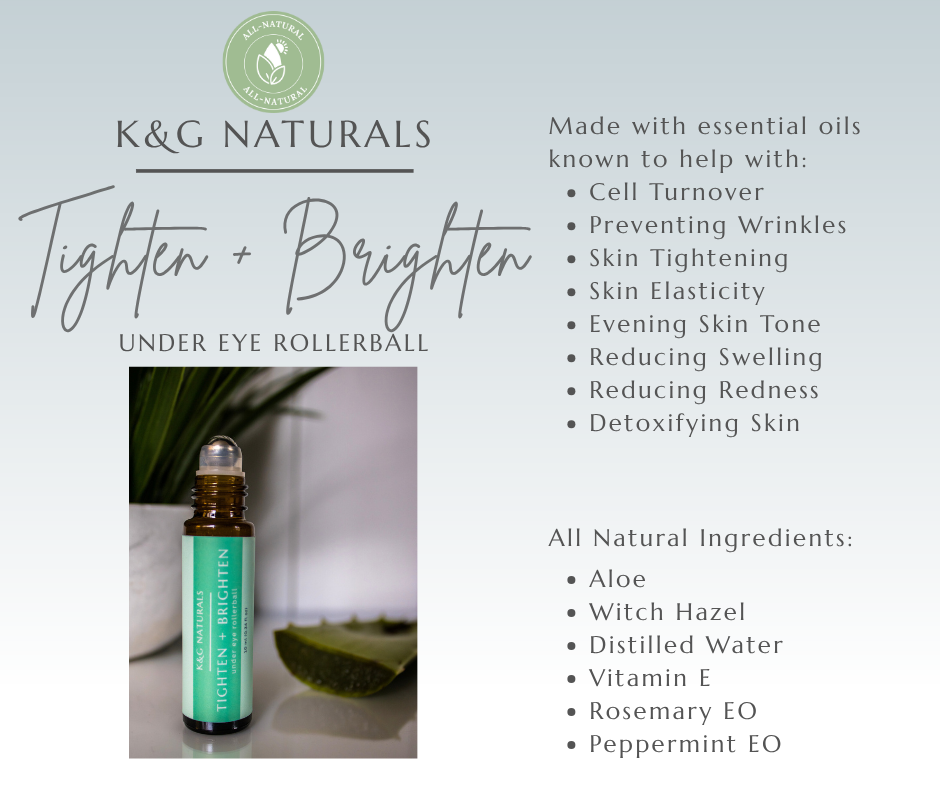 K&G Naturals under eye rollerball with ingredients listed on a light gray background