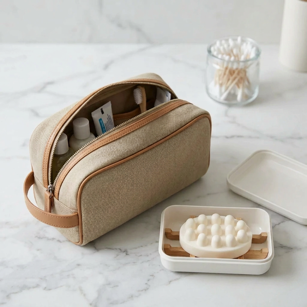 A beige canvas travel toiletry bag with tan leather-look trim is shown open on a white marble surface, containing small toiletry items. A white soap bar in a white and wood soap dish sits in front, with a white lid placed beside it.