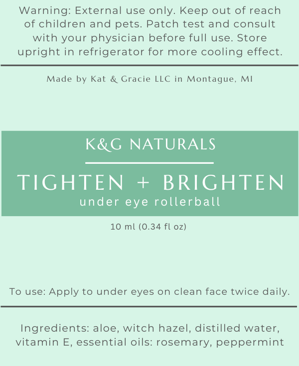 K&G Naturals tighten and brighten eye rollerball packaging with text and branding.