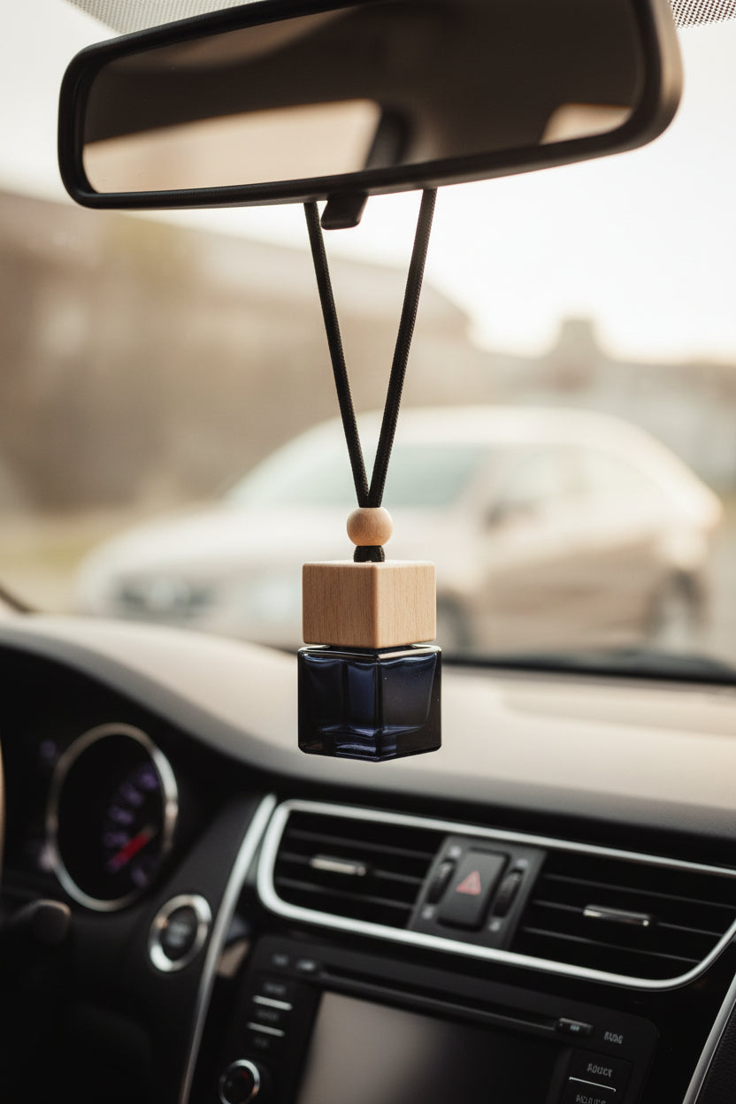 A car freshener pendant with a square black glass base and a light natural wood top, hanging from a rearview mirror