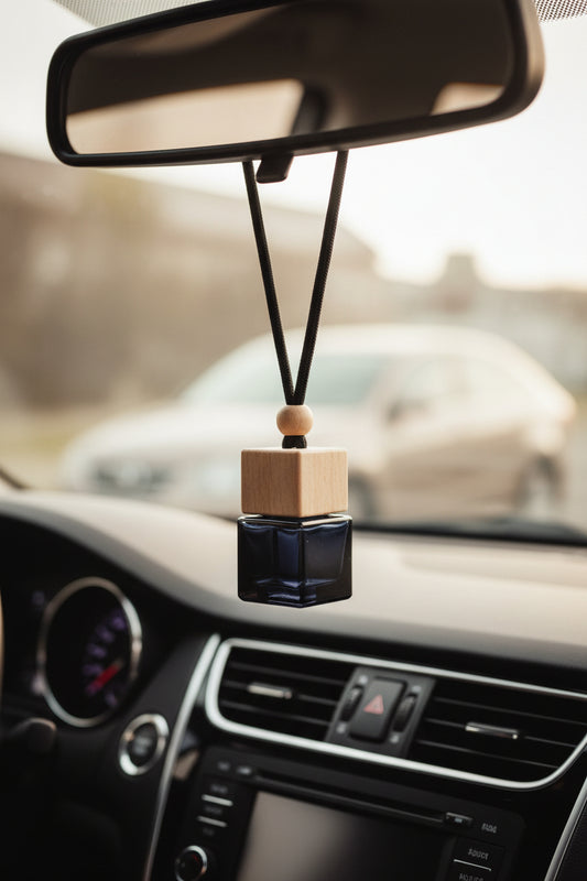 A car freshener pendant with a square black glass base and a light natural wood top, hanging from a rearview mirror