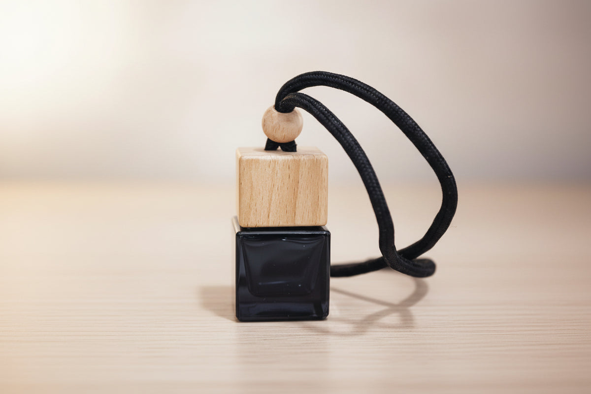 A square-shaped car air freshener pendant with a glossy black glass base, a light natural wood top block, a small round wooden bead, and a black cord, wood surface with a neutral background