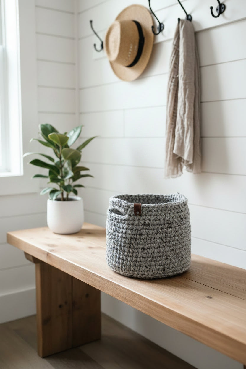 A gray crocheted storage basket with a small brown leather accent tab, next to a plant on a bench in a mudroom